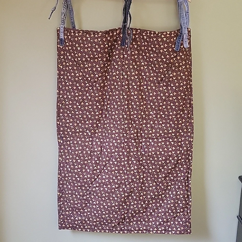 HAND CRAFTED Organizer UPCYCLED Blue Denim Pocket Brown Floral Hanging 29 X20 In